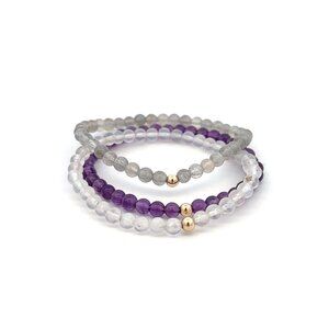 Labradorite Amethyst  & Clear Quartz Gemstone Stretch Bracelet 14K Gold Bead S7"